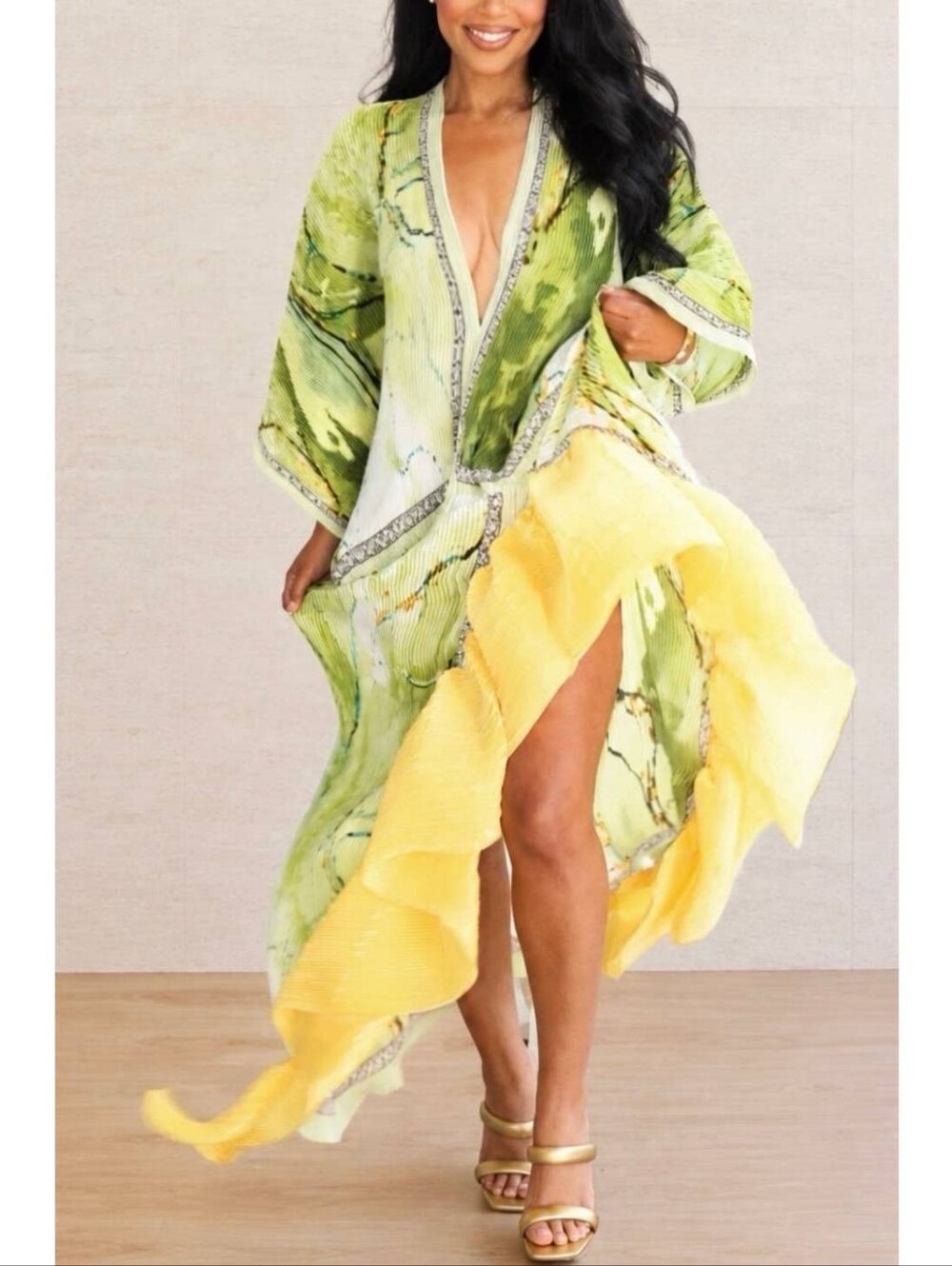 Citrus Floral Print Pleated Texture Ruffle Hem Kaftan Dress